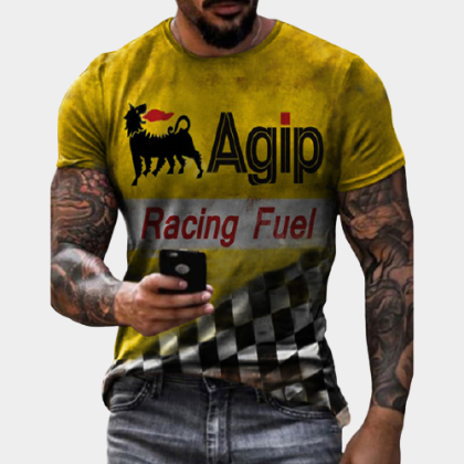 Mens Retro Crew Neck Color Block Moto Oil Printed T-shirt