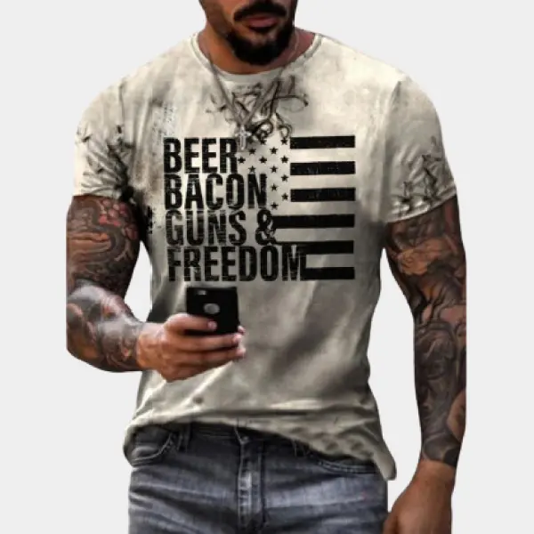 Mens Beer Bacon Guns And Freedom Printed T-shirt - Blaroken.com 