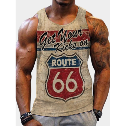 Mens Fashion Holiday Letter Route 66 Print Casual Tank Top