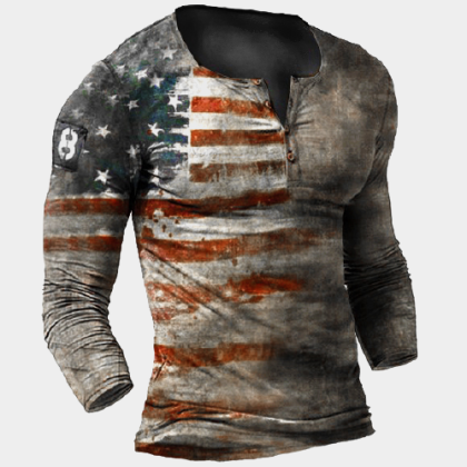 Mens Outdoor Tactical American Flag Print Long Sleeve V-Neck Top