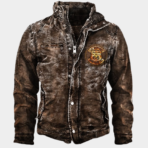 Men's Route 66 Retro Washed Zipper Button Color Block Jacket Coat