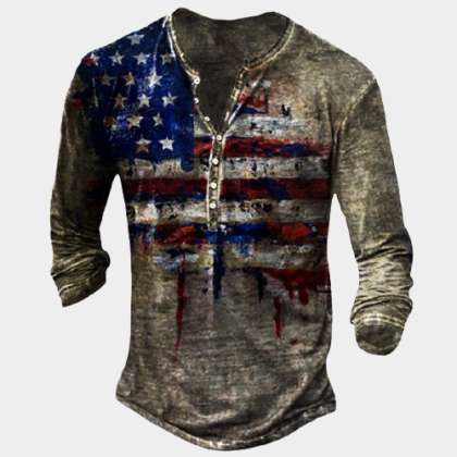 Mens American Flag Print Long Sleeve V-Neck Top