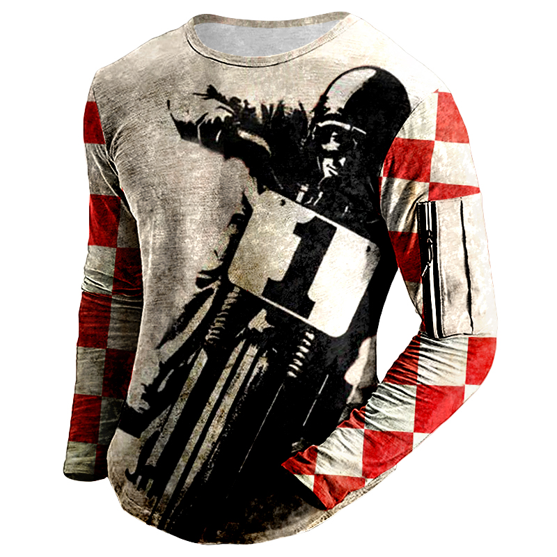 Men's Outdoor Motorcycle Stitching Chic Checkerboard Printing Long-sleeved T-shirt