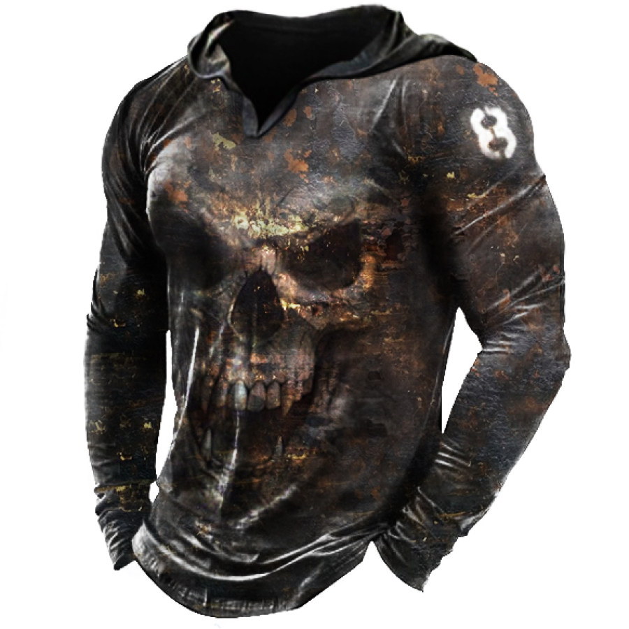 

Vintage Metal Skull Print Long-sleeved Hooded T-shirt