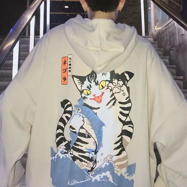 Japanese Cat And Fish Long-sleeved Solid Color Sweater Hoodi - Faciway.com 