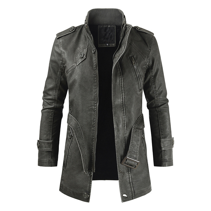 Mens Outdoor Long Leather Chic Cold-resistant Jacket