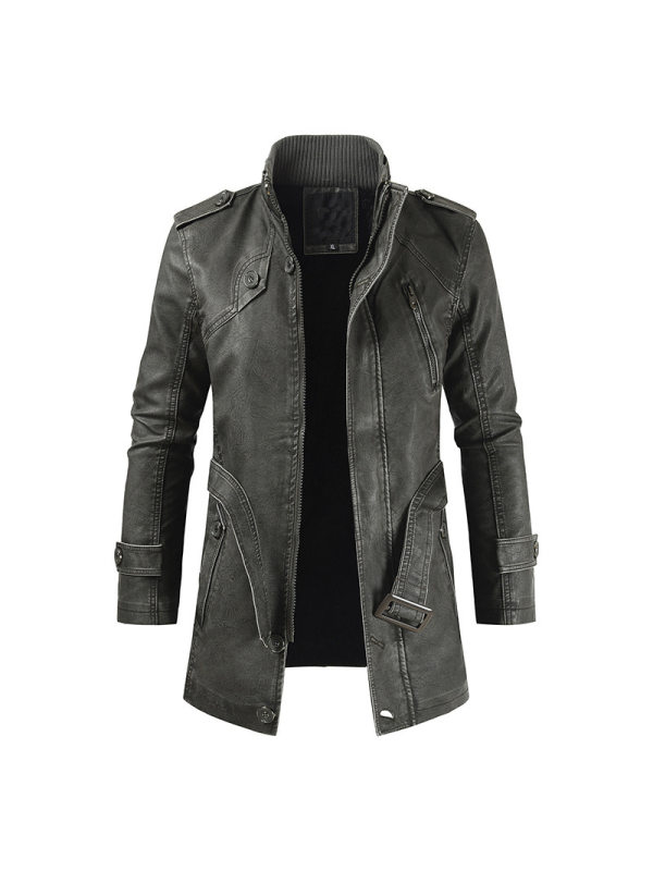 Men's Mid-length Casual Fashion PU Leather Jacket Stand-collar Slim Youth Windbreaker