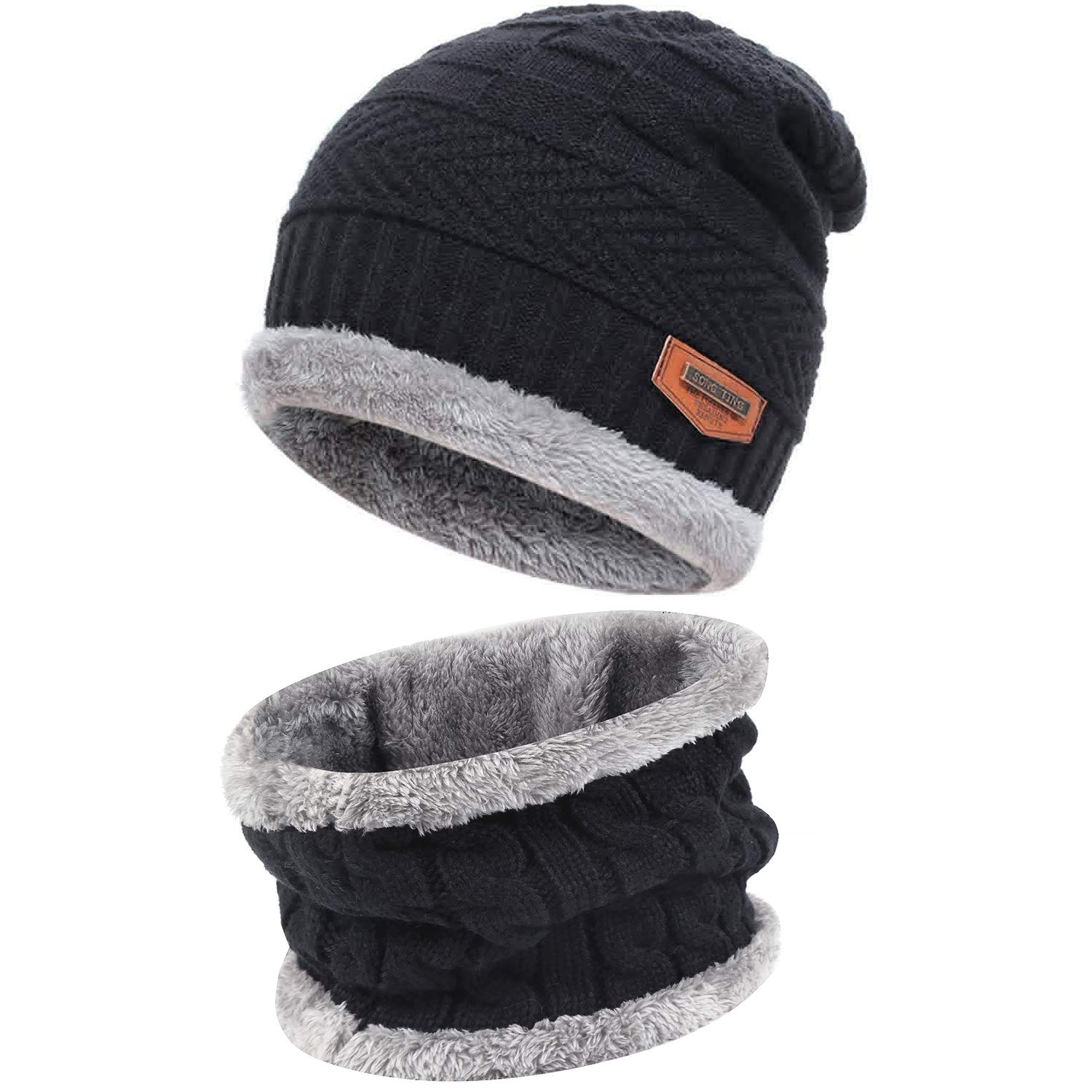 Mens Womens Winter Beanie Chic Hat Scarf Set Warm Knit Hat Thick Fleece Lined Winter Cap