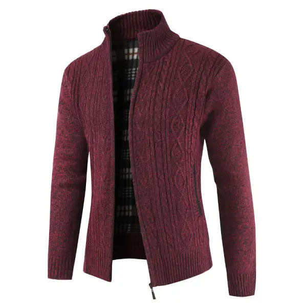 Mens Knitted Cardigan Thick Sweater Full Zip Stand Collar Warm Jumper Fleece Lined Winter Coat - Blaroken.com 