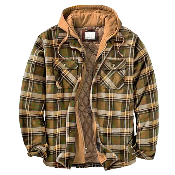 Men's Outdoor Quilted Plaid Fake Two-piece Hooded Jacket - Woolmind.com 