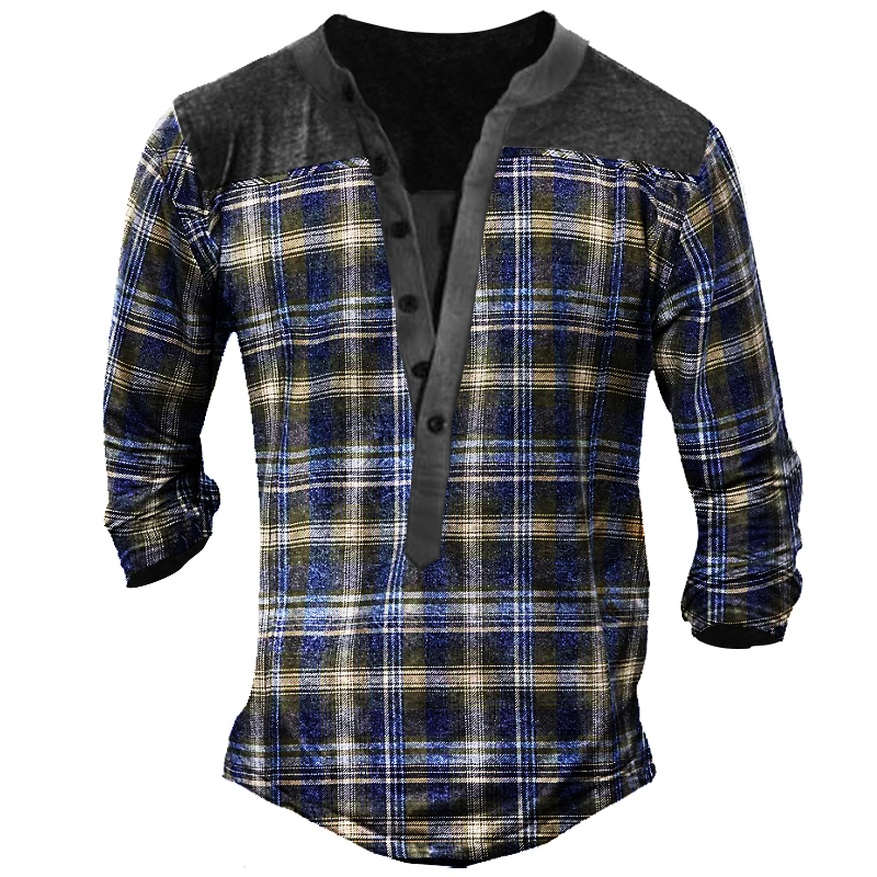 Retro Plaid Men's Outdoor Chic Tactics Henley Button Long Sleeve Shirt