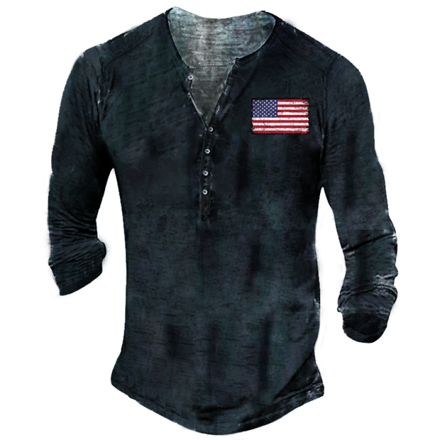 

American Flag Men Vintage Henley Button Long Sleeve Shirt