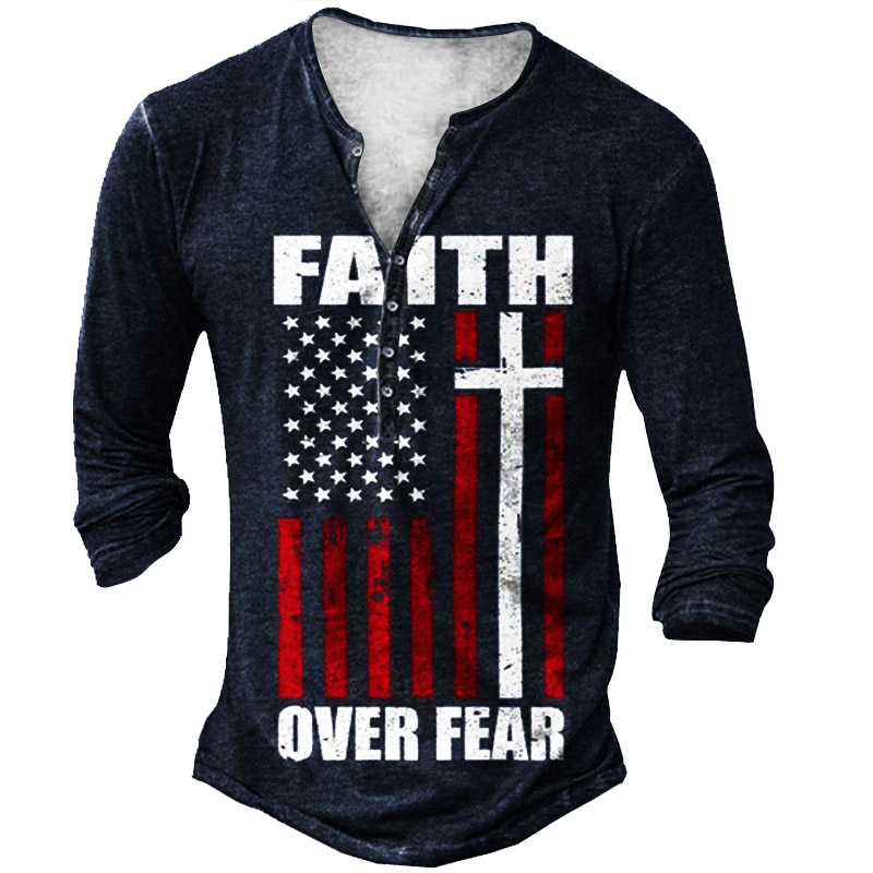 Faith Over Fear Men's Chic American Flag Jesus Faith Henry Shirt