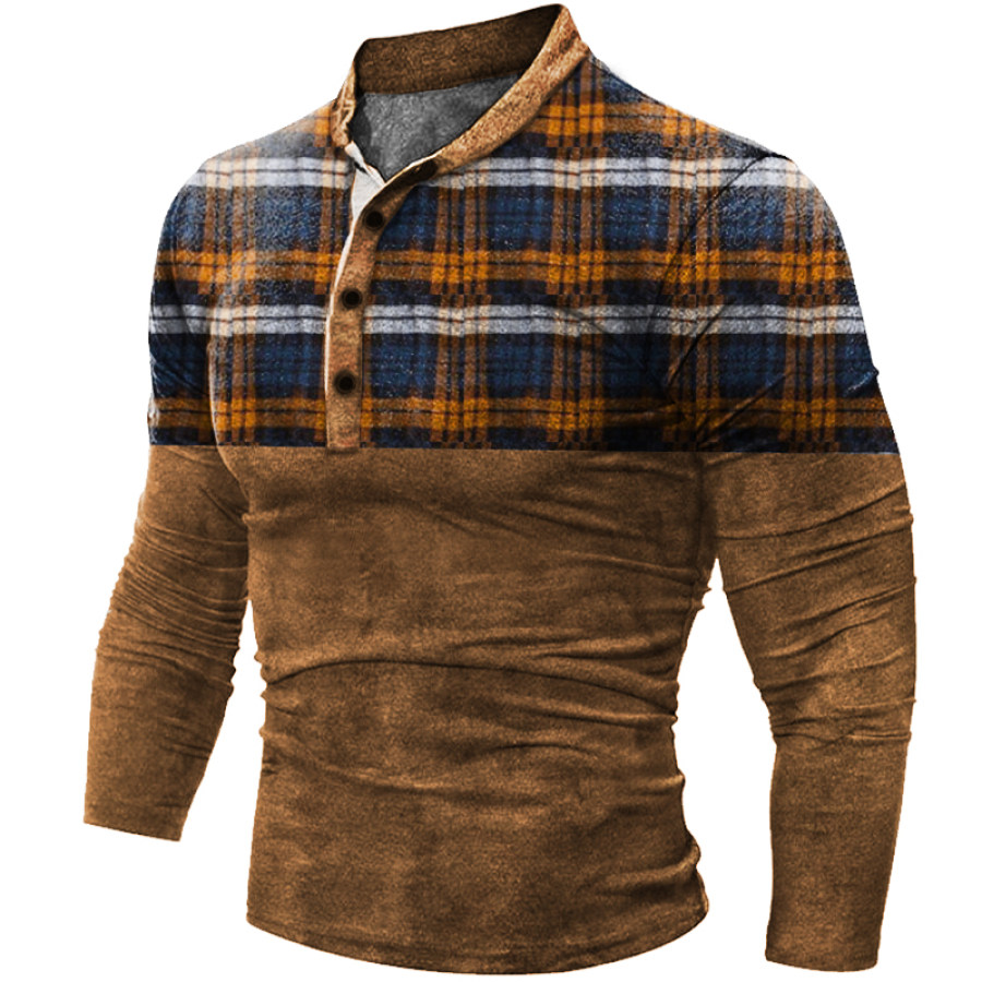 Men's Outdoor Plaid Print Henley Shirt