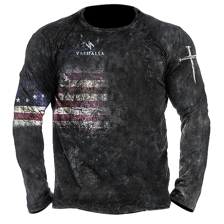 Mens Outdoor Retro American Chic Lightning Creed Pattern Print Long Sleeve Sports Top