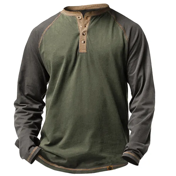 Men's Outdoor Tactical Vintage Army Green Breathable Henry Collar T-Shirt - Rianman.com 