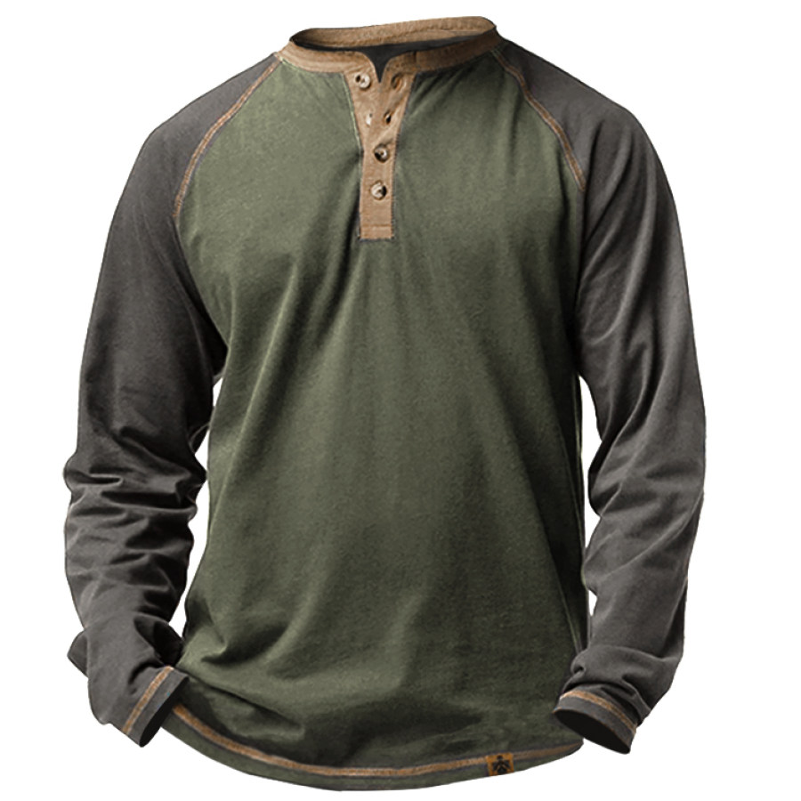 

Men's Outdoor Tactical Vintage Army Green Breathable Henry Collar T-Shirt