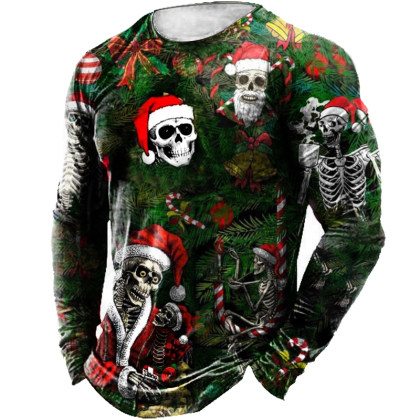 Camiseta Con Estampado Divertido De Calavera Navideña Para Hombre
