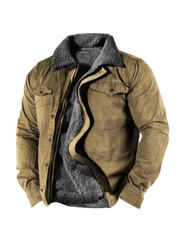 Men's Retro Lining Plus Fleece Zipper Tactical Shirt Jacket