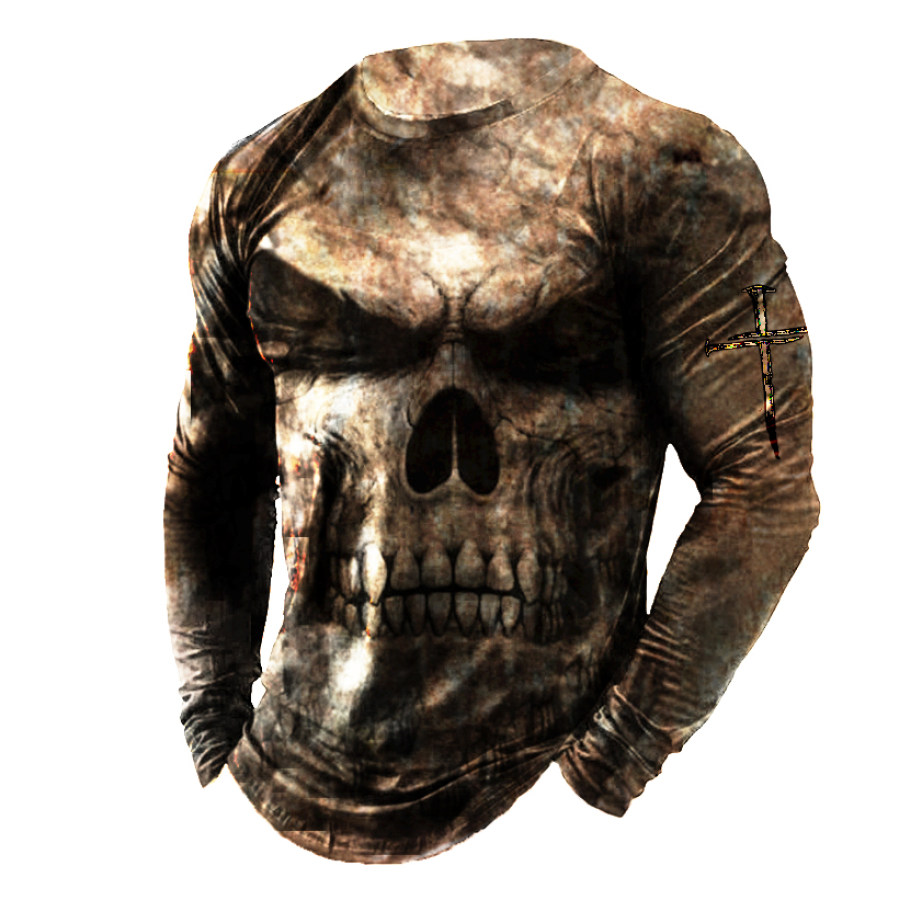 

Men's Retro Skull Print Long-sleeved Henley Shirt