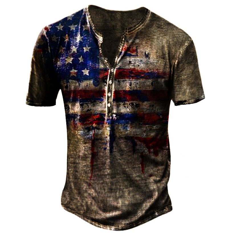 Men's Outdoor Retro Flag Print Chic Short-sleeved Henley Shirt