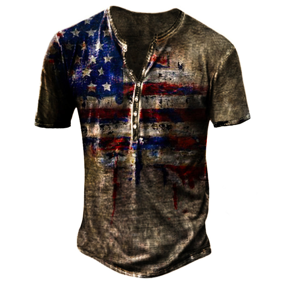 Men's Outdoor Retro Flag Print Short-sleeved Henley Shirt