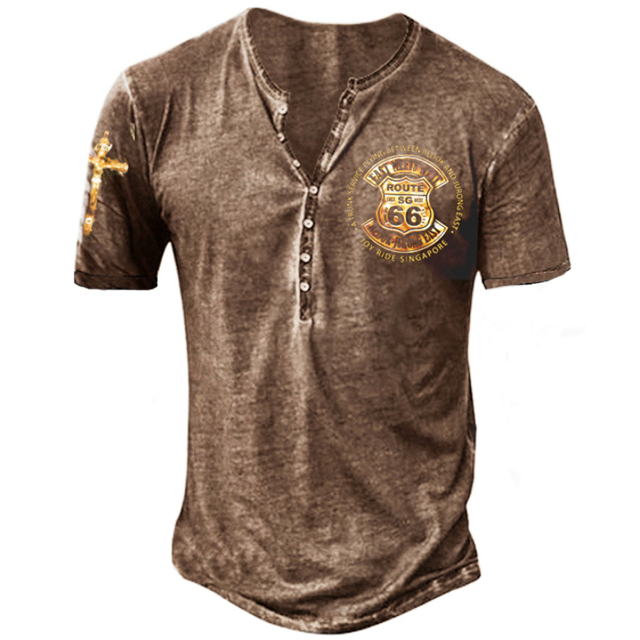 

Men's Outdoor Vintage Route 66 Print Short-sleeved Henley Shirt