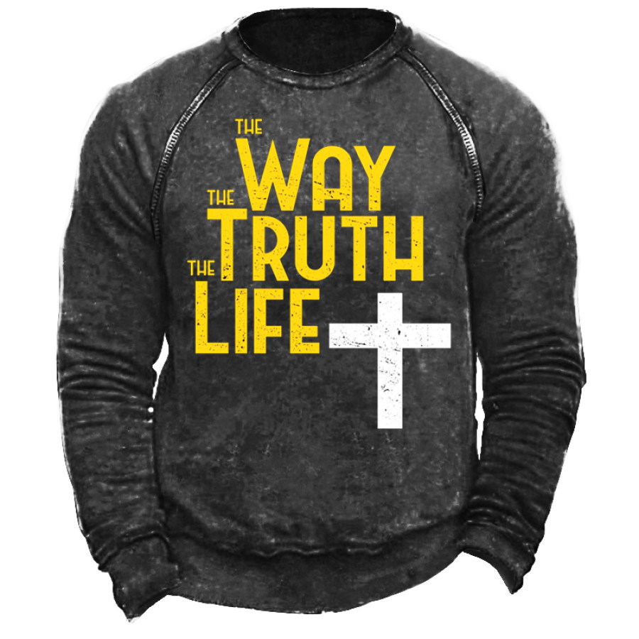 

Way Truth Life Jesus Cross Men's Outdoor Retro Casual Print Pullover Sweatshirt