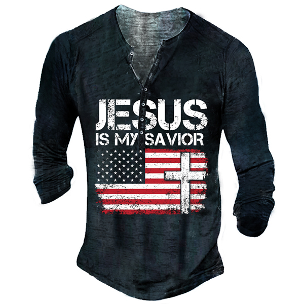 Retro Jesus Is My Chic Savior Men Vintage Henley Button Long Sleeve Shirt