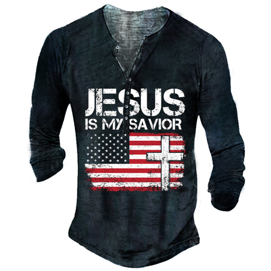 

Retro Jesus Is My Savior Men Vintage Henley Button Long Sleeve Shirt