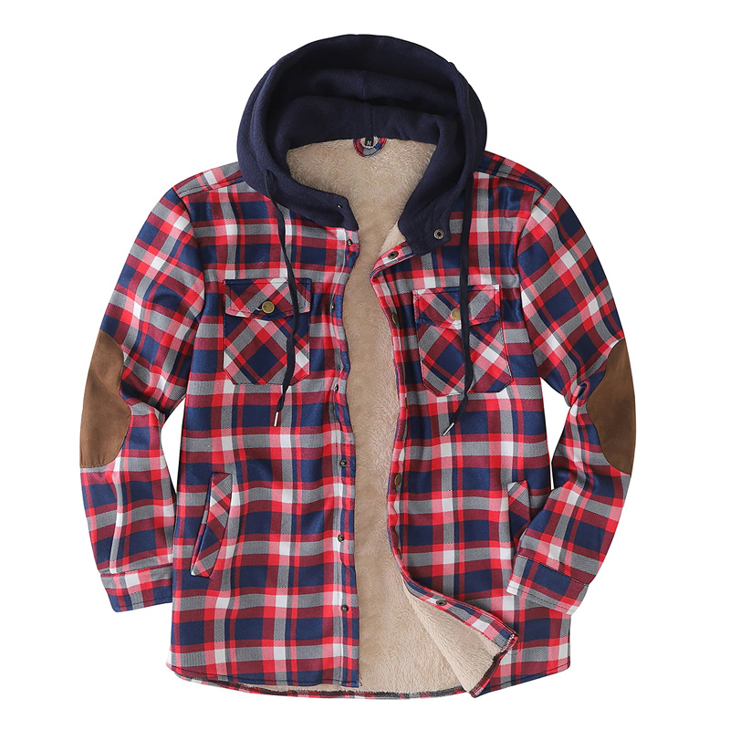 Hooded Long sleeved Plaid Casual Long sleeved Shirt