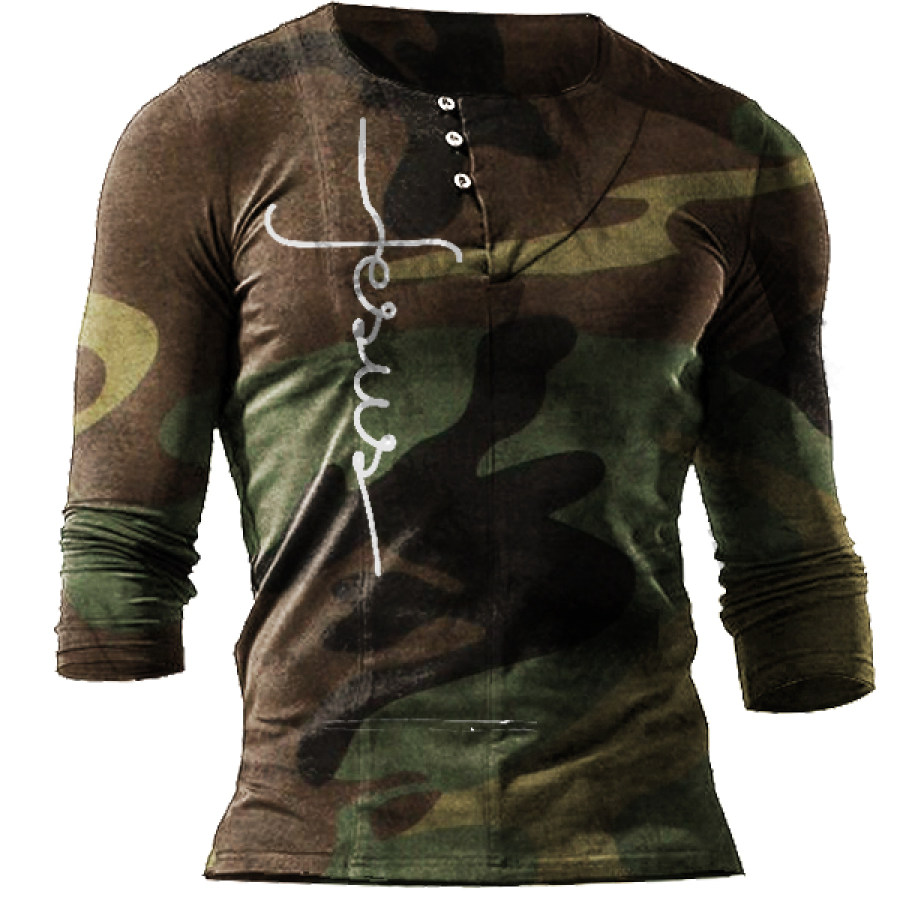 

Men's Outdoor Camo Jesus Cross Henley T-Shirt