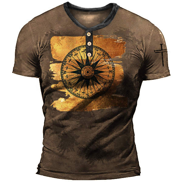 Brushed Gold Compass Rose Chic Men's Vintage Nautical Henry Henley T-shirt