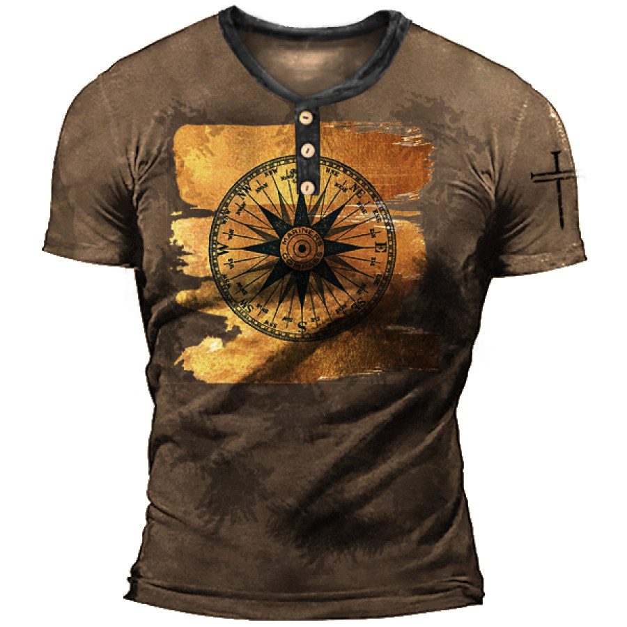 

Brushed Gold Compass Rose Men's Vintage Nautical Henry Henley T-Shirt