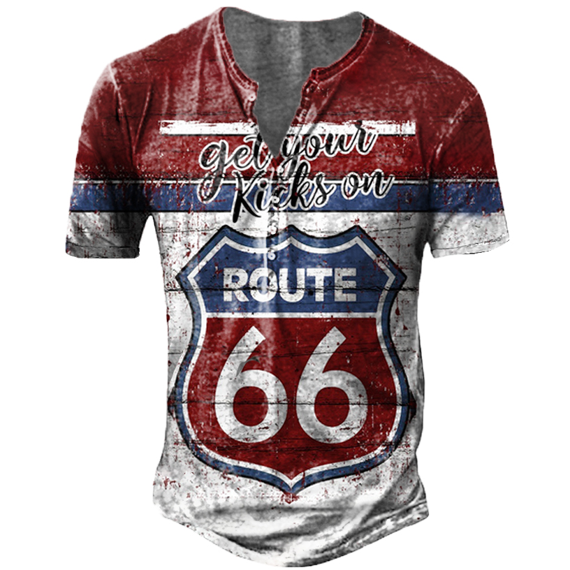 Men's Casual Vintage Route Chic 66 Print Henley Collar T-shirt