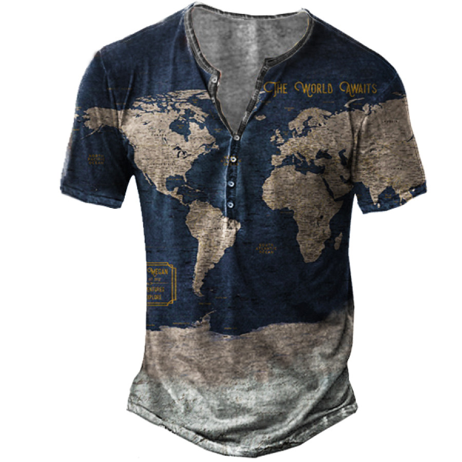 

Men's Outdoor Tactical Retro World Map Tactical Henley T-Shirt