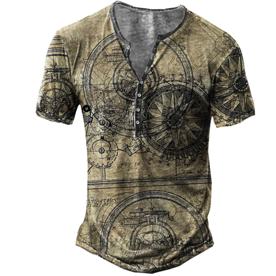 

Auto Wheel II Men's Outdoor Nautical Compass Print Henley T-shirt