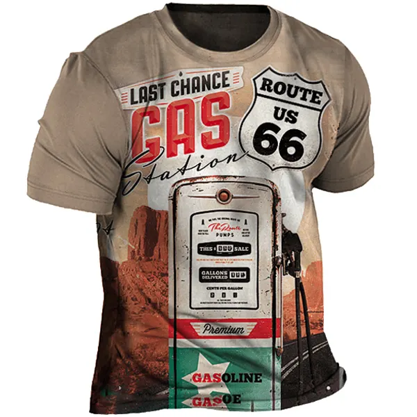 Route 66 Gas Station Men's Vintage Print Casual Short Sleeve T-Shirt - Sanhive.com 