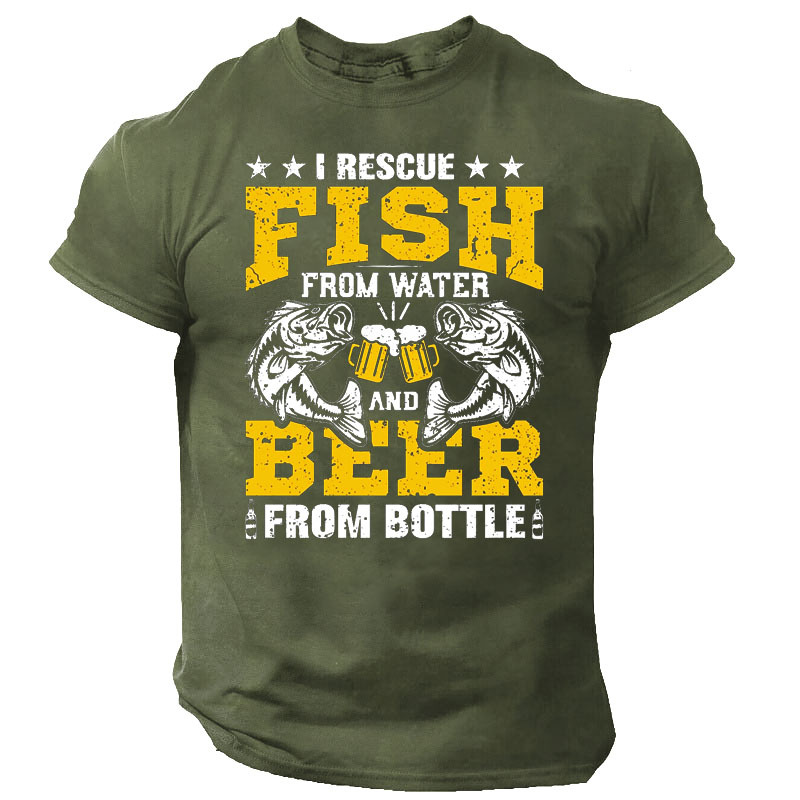 I Rescue Fish From Chic Water & Beer From Bottles Men's Cotton Short Sleeve Crew Neck T-shirt