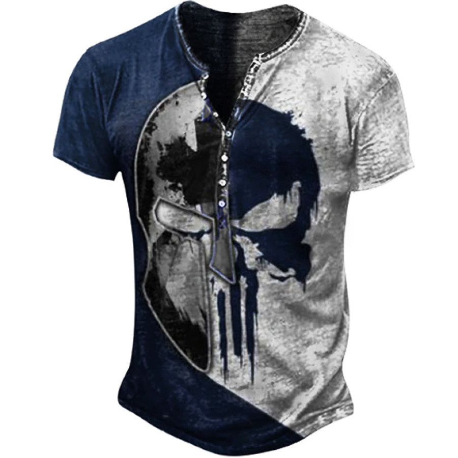 

Spartan Mask Print Men's Vintage Tactical Henley Short Sleeve T-Shirt