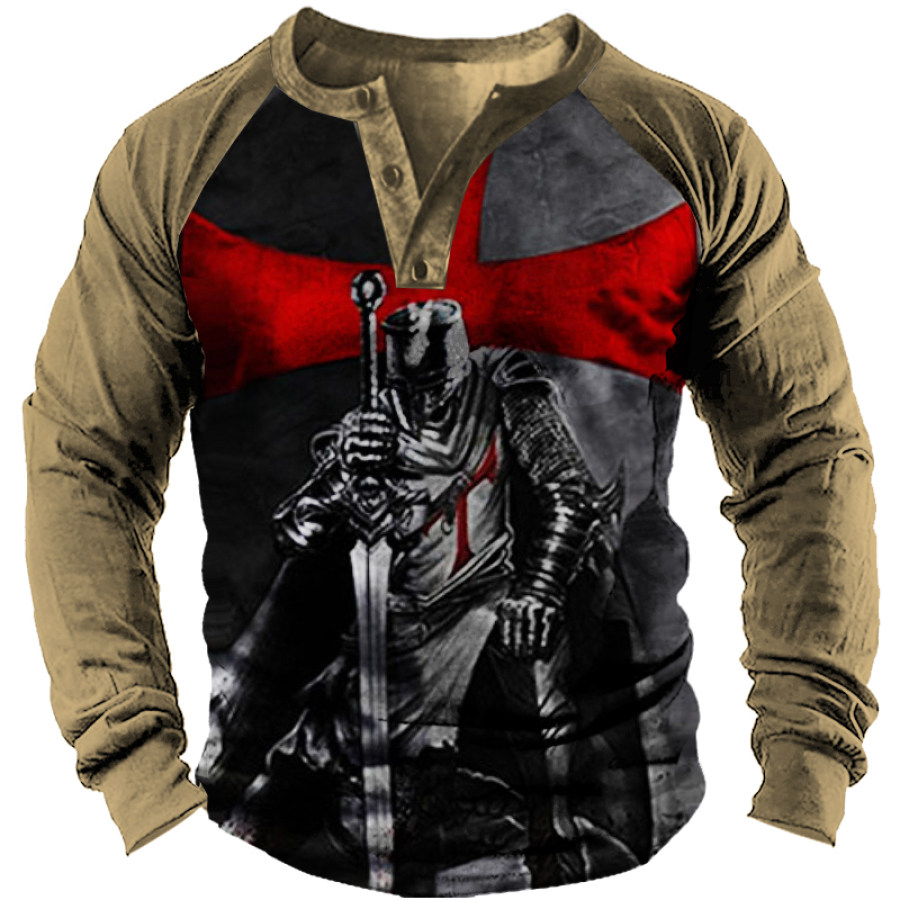 

Men's Knight Templar Vintage Casual Henley Collar T-Shirt