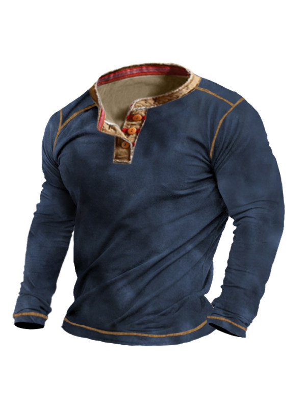 Men's Outdoor Tactical Patchwork Print Henley Shirt