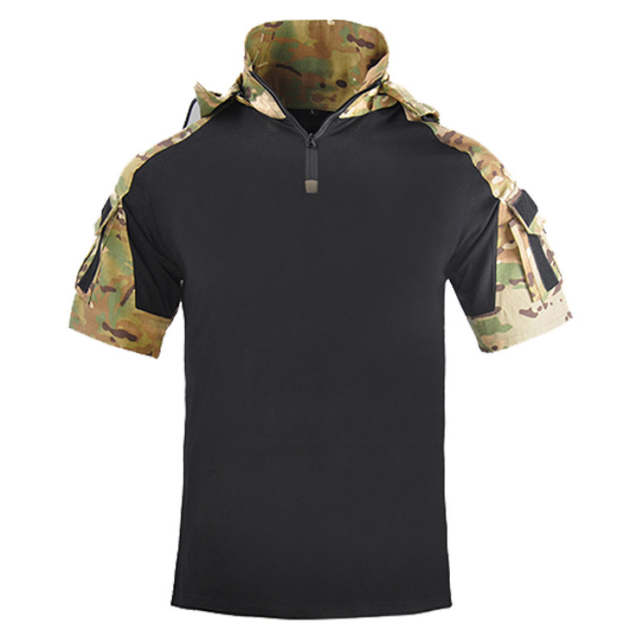 

Men's Outdoor Tactical Patchwork Print Hooded Short Sleeve T-Shirt