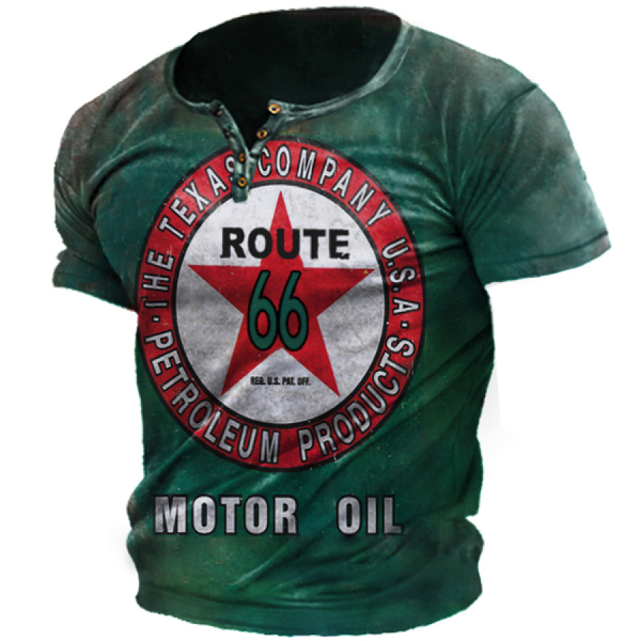 

Route 66 Motorcycle Oil Men's Vintage Henley Short Sleeve T-Shirt