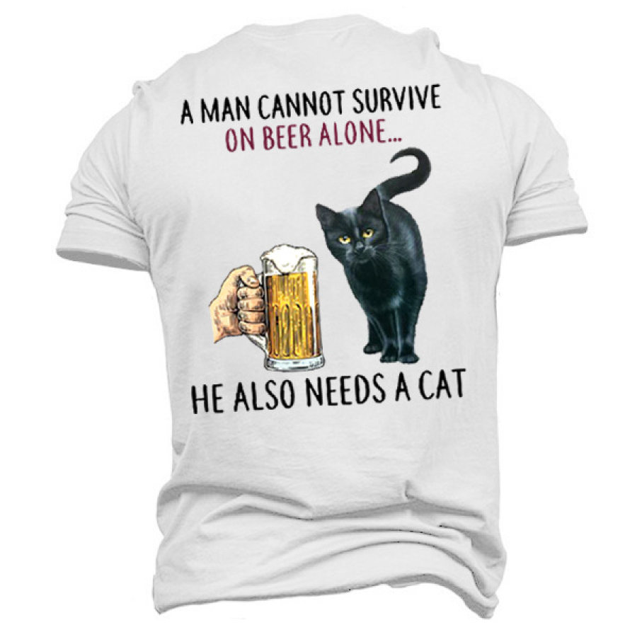 

Men's A Man Cannot Survive On Beer Alone Needs Cat Cotton T-Shirt