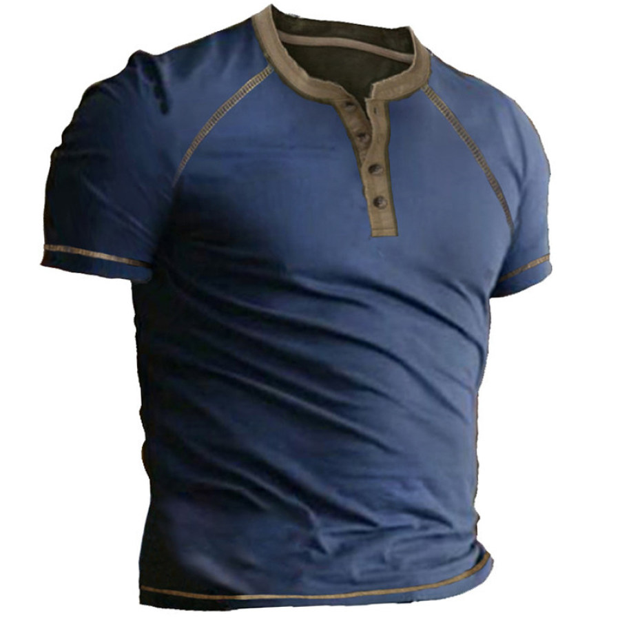 

Men's Patchwork Vintage Henley Collar T-Shirt