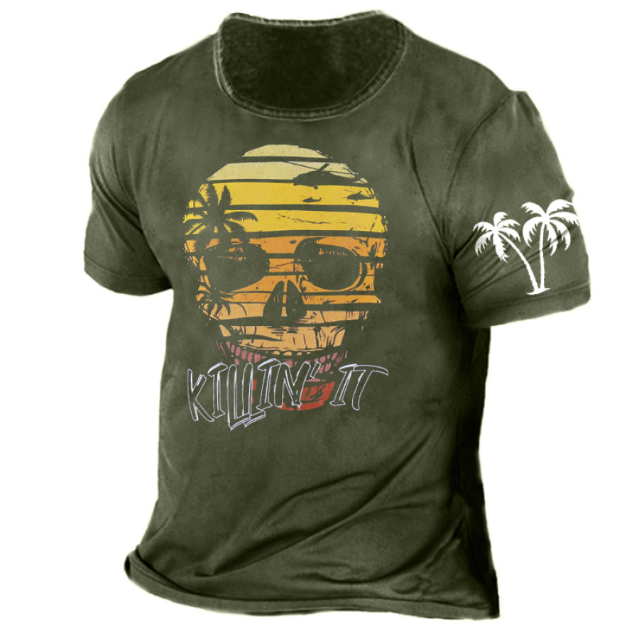 

Men's Palm Tree Skull Hawaiian Vacation Graphic Print Cotton T-Shirt
