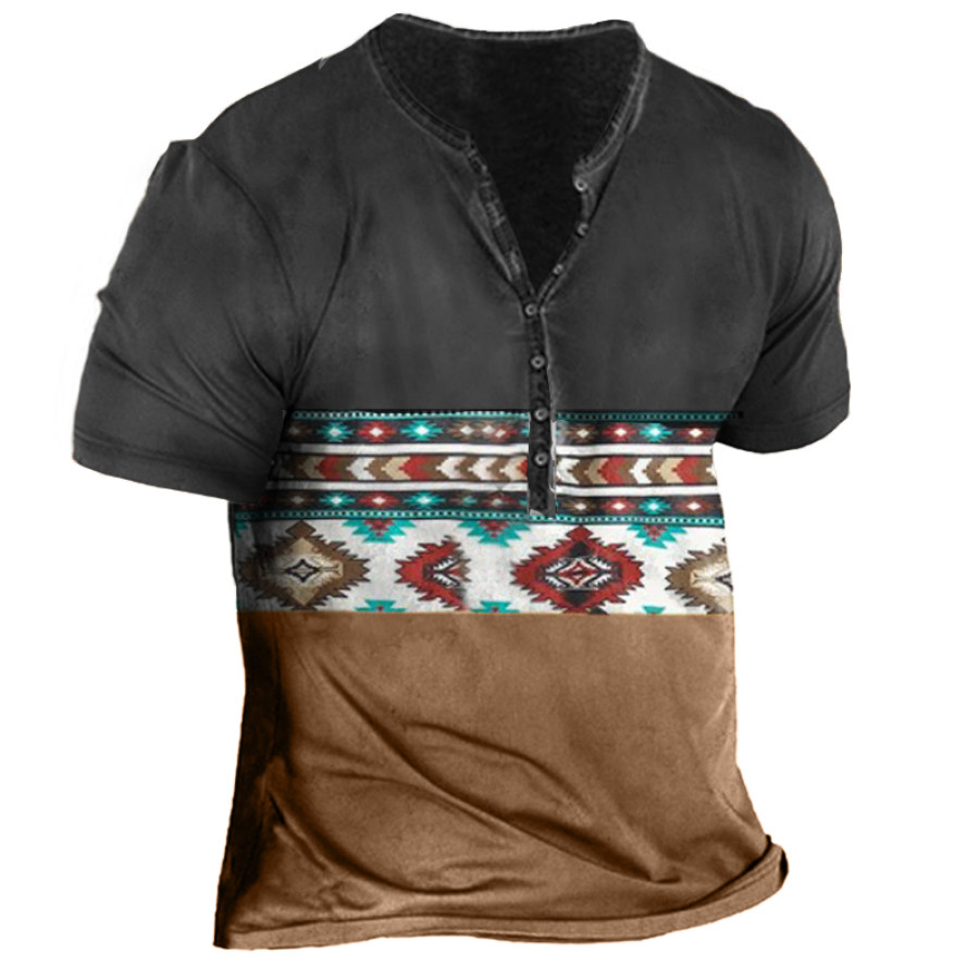

Men's Vintage Ethnic Totem Colorblock Henley Collar T-Shirt