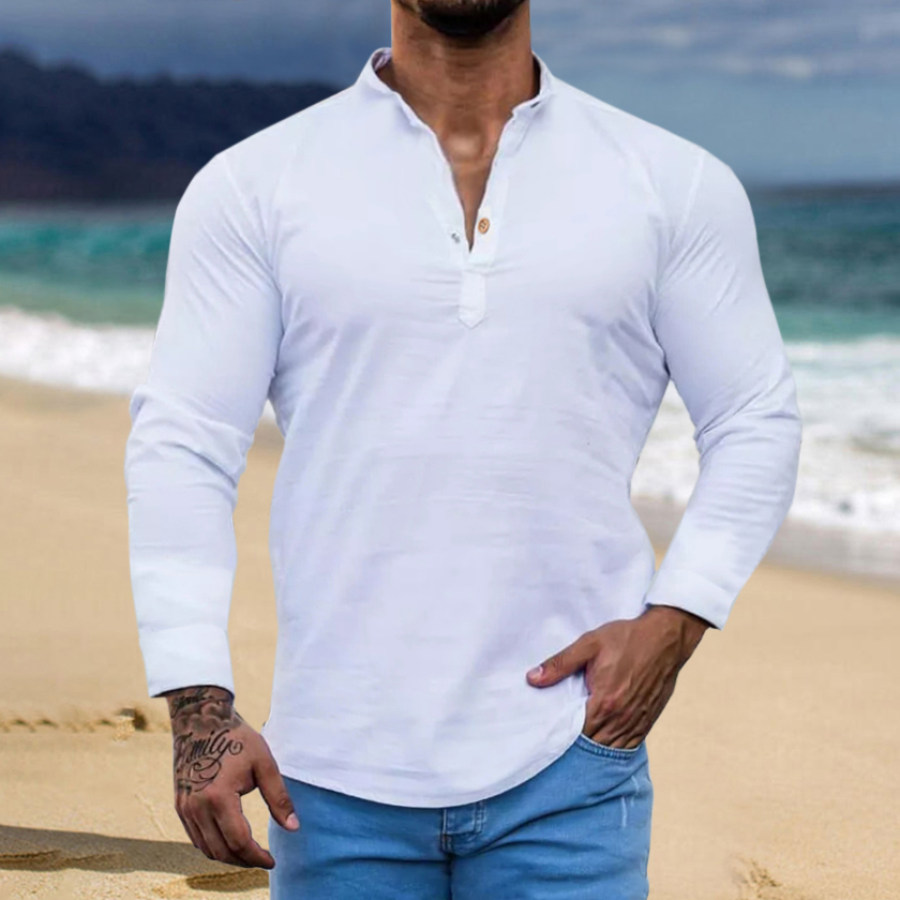 

Men's Linen Henley Collar Long Sleeve Casual Shirt