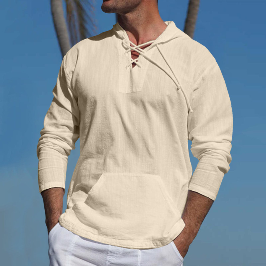 

Men's Linen Tie Pocket Solid Color Hooded Long Sleeve T-Shirt Shirt
